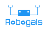 Blue text spelling 'robogals', the o's look like cogs and there is an animated robot above also in blue
